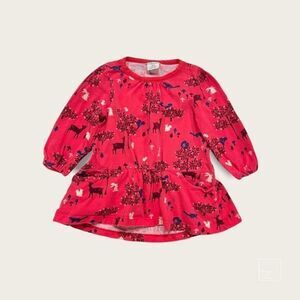 Polarn O Pyret dress long puff sleeve forest animal print pink blue 12-18M